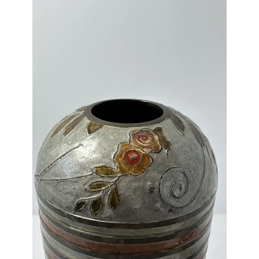 Vintage Brass Cloisonne Flower‎ Decor Vase~Floral~Earthtones~India~10.25